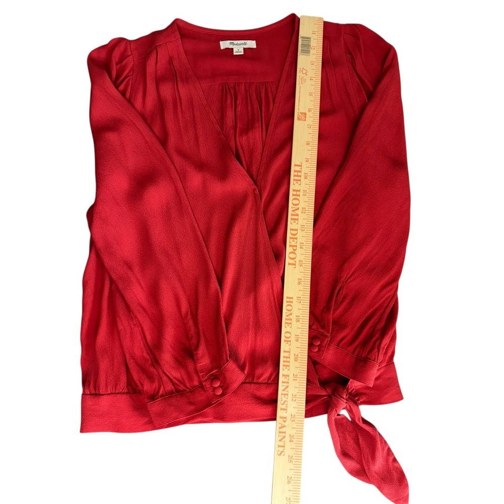 Madewell Red Viscose Wrap Tie Front Long Sleeve V Neck Blouse Top Womens Medium - Picture 12 of 12